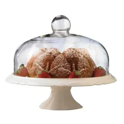 Marie Dumas Bianco Small Pedestal Porcelain Cake Plate and Dome