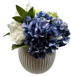 Marie Dumas Blue & White Hydrangeas in Ribbed Planter Floral Arrangement