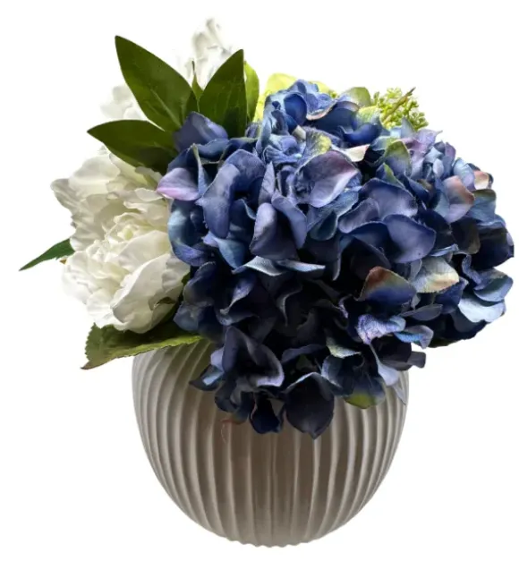 Marie Dumas Blue & White Hydrangeas in Ribbed Planter Floral Arrangement