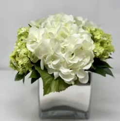 Marie Dumas Floral Arrangement - Mix of Green & White in Mirrored Cube