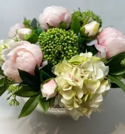 Marie Dumas Floral Arrangement Mix of Pink & Green in Hammered Bowl