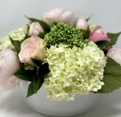 Marie Dumas Floral Arrangement Mix of Pink & Green in White Glass Container