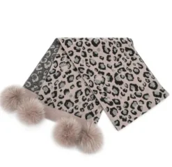 Marie Dumas Leopard Print Scarf with Fox Pompoms