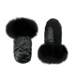 Marie Dumas Nylon Gloves with Fur - Black