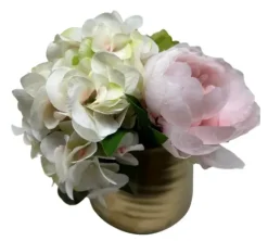 Marie Dumas Peonies & Hydrangeas in Gold Planter Floral Arrangement